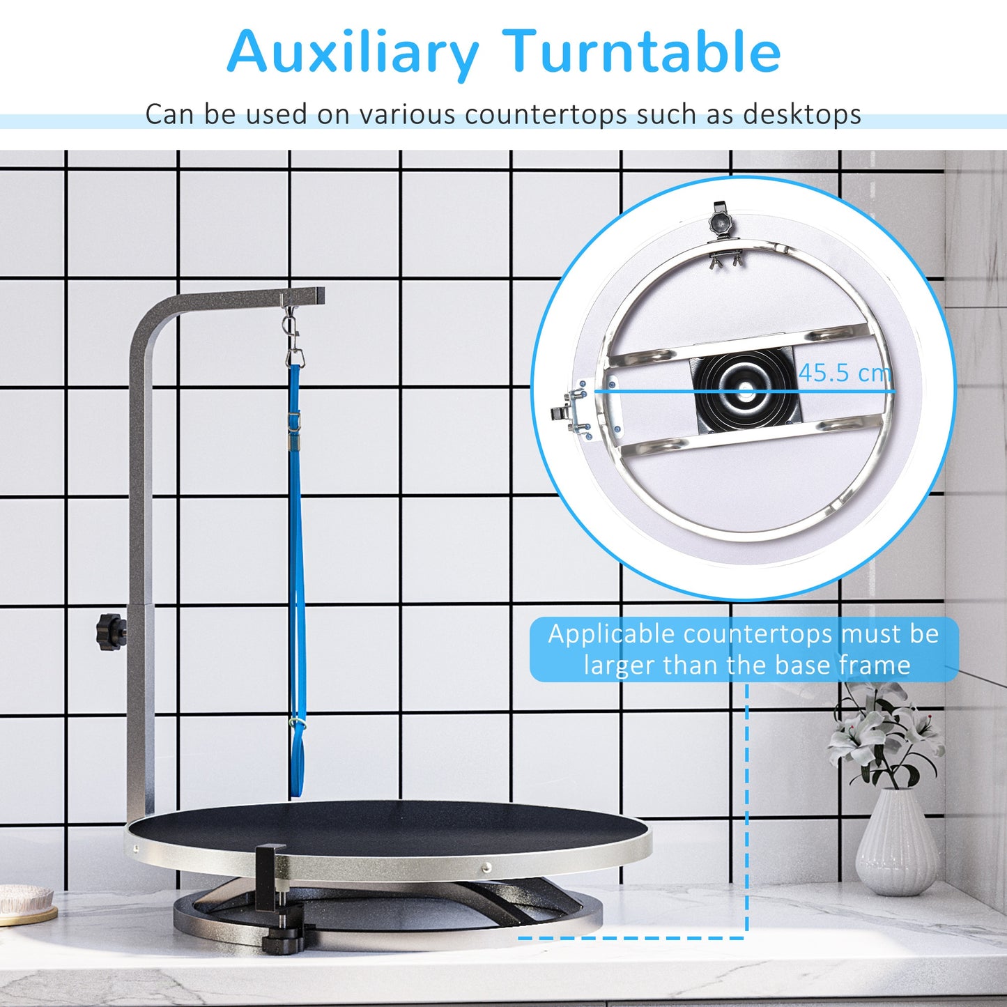 PawHut Rotatable Pet Grooming Table with Adjustable Arm Non-Slip Tabletop Safety Leash