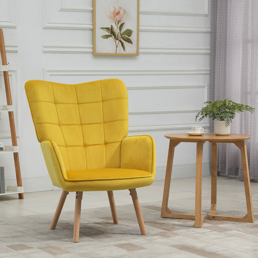 HOMCOM Accent Chair VelvetTufted Wingback Armchair Club Chair with Wood Legs Yellow