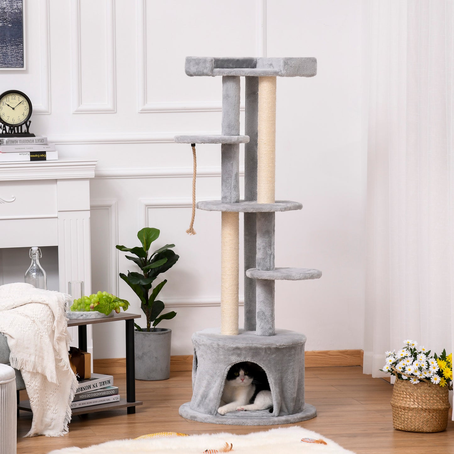 PawHut Φ55 x 150H cm Cat Tree Multi-level Kitten Tower w/ Scratching Post Condo Plush Perches Grey