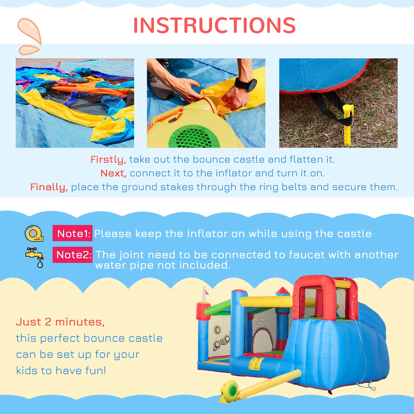 Outsunny 5 in 1 Kids Bounce Castle Large Castle Style Inflatable House Slide Trampoline Pool Water Gun Climbing Wall