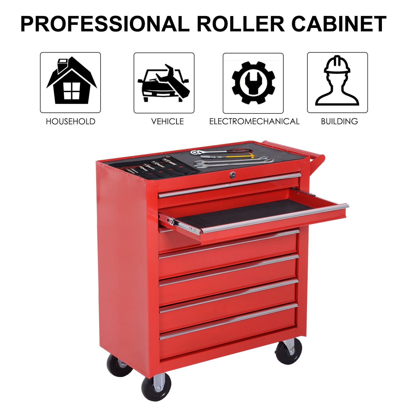 HOMCOM Steel 7 Drawer Tool Storage Cabinet Tool Chest w/ Roll Wheels Red