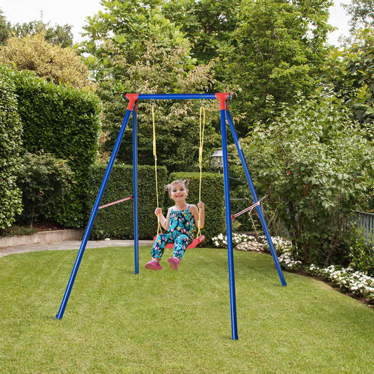 Outsunny Metal Swing Set w/ Adjustable Rope Heavy Duty A-Frame Stand Outdoor Playset