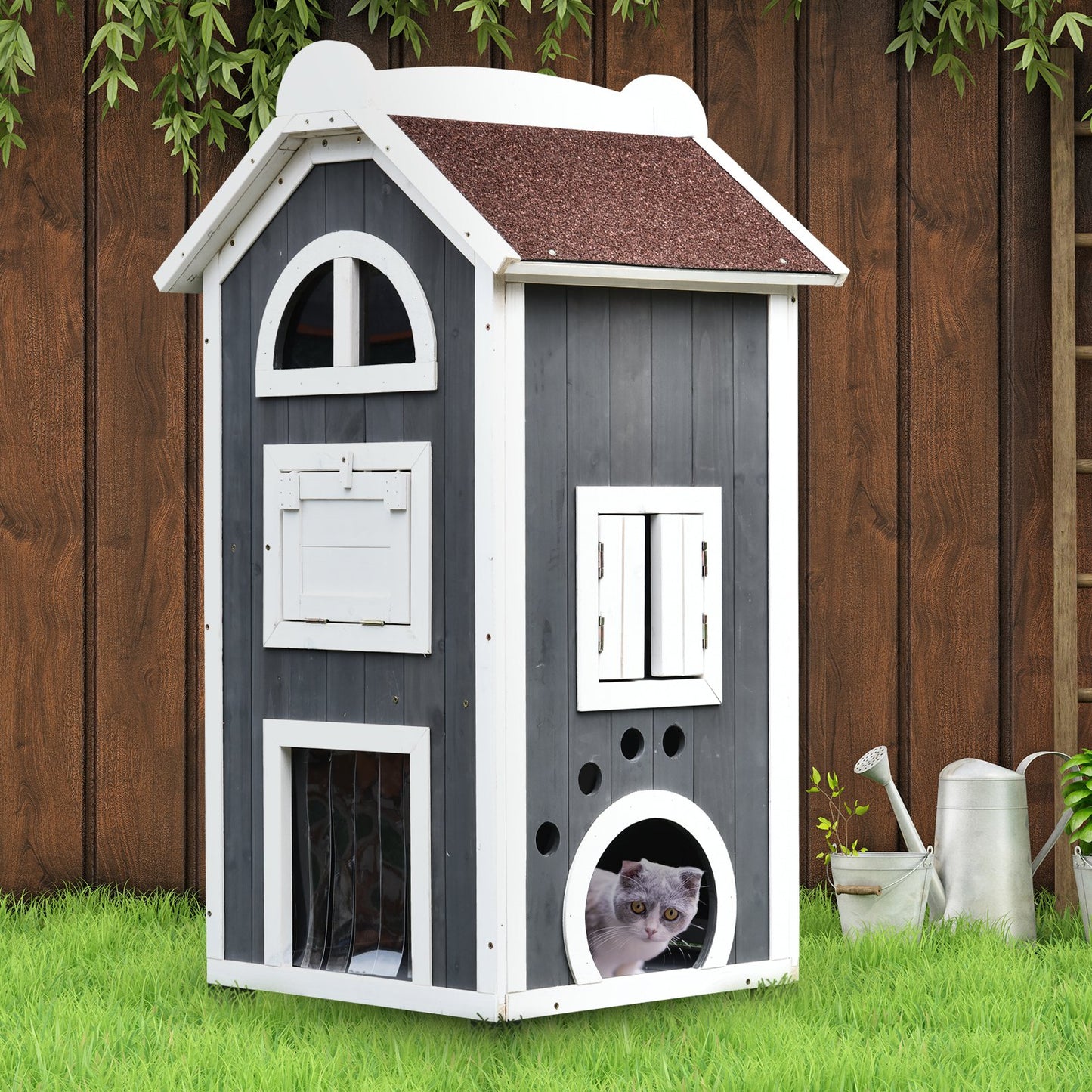 PawHut 59L x 55W x 109H cm Solid Wood Cat Condo Furniture 2-Floor Pet Shelter Grey & White