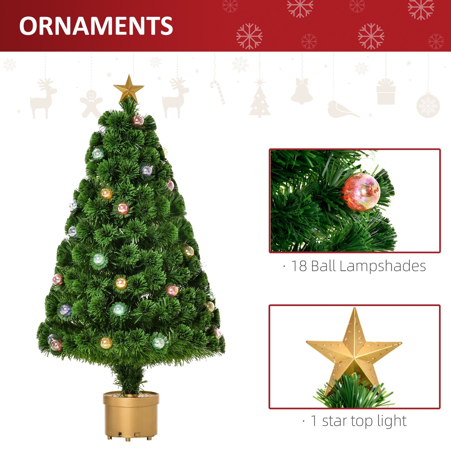 HOMCOM 4FT Prelit Artificial Christmas Tree Fiber Optic Xmas Tree w/ Golden Stand