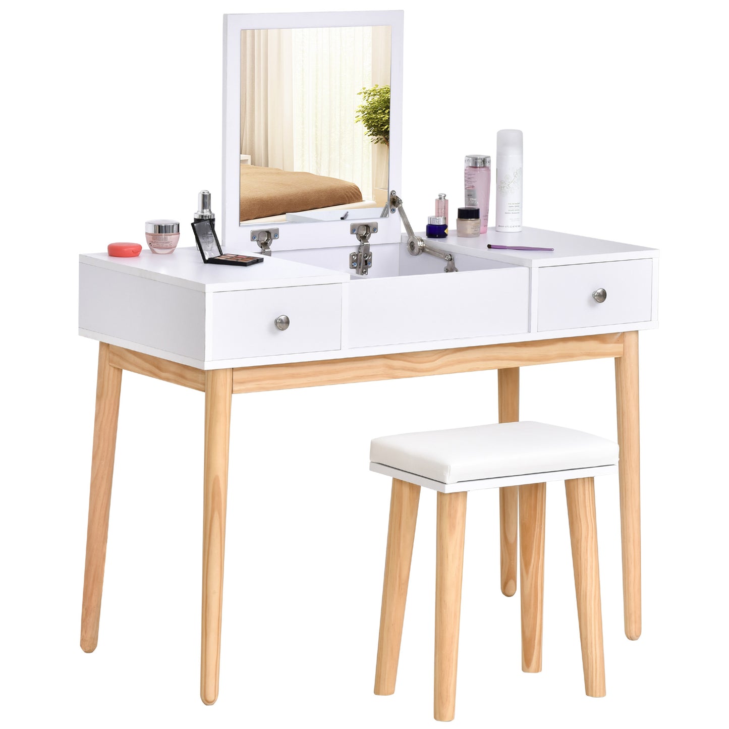 HOMCOM Dressing Table Set with Mirror 2 Drawers Cushioned Stool Makeup Table White