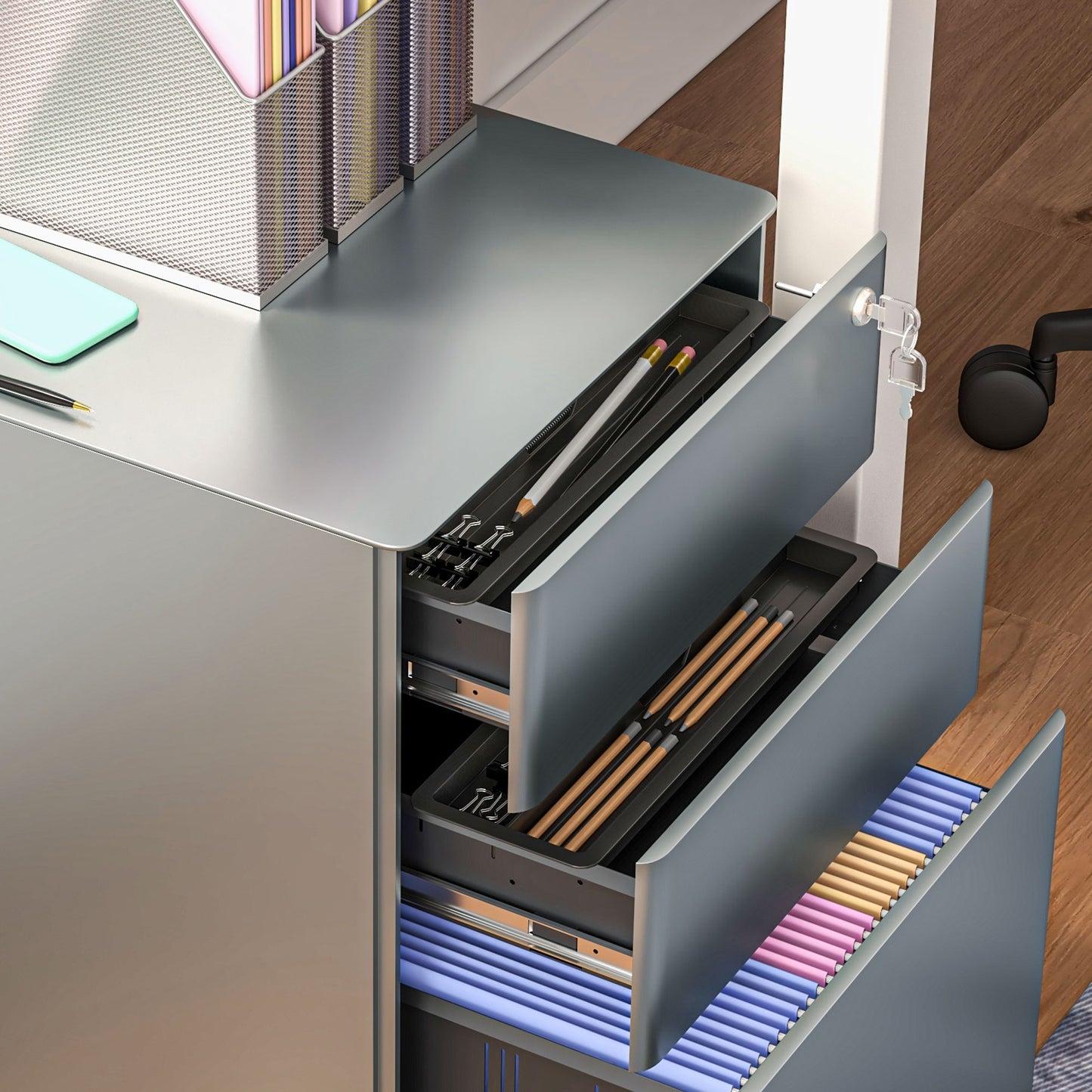 Vinsetto Lockable Cabinet Rolling Filing Cabinet with 3 Drawers Steel Office Drawer Unit for A4 Letter Legal Sized Files