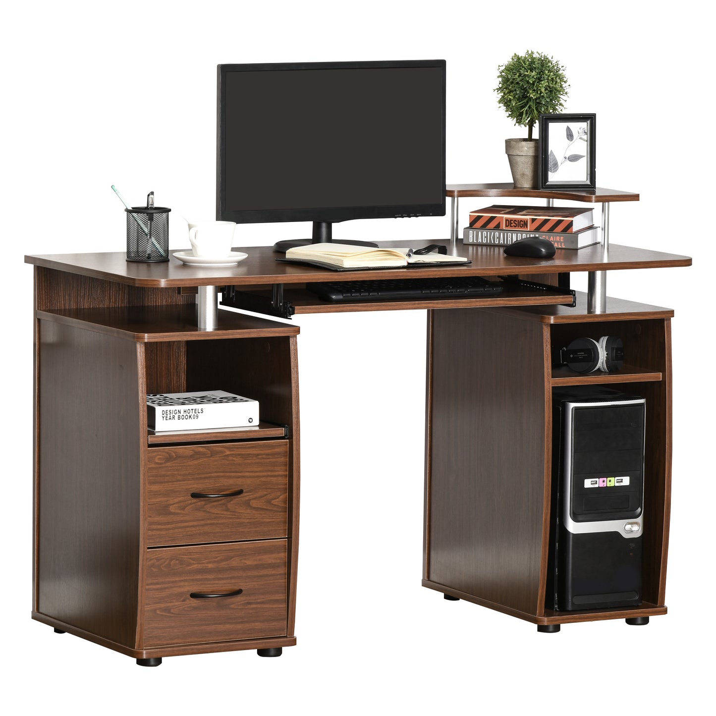 HOMCOM Computer Desk Office PC Table Workstation with  Keyboard Tray, Drawers, Brown