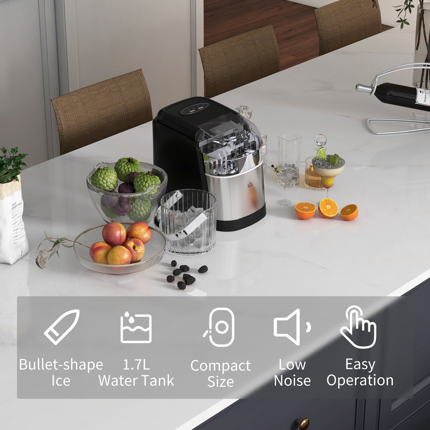 HOMCOM Ice Maker Machine Countertop, 12Kg in 24 Hrs, 9 Cubes Ready in 6-12Mins, Portable Ice Cube Maker with 2 Ice Cube Sizes, Self-Cleaning, Ice Scoop and Basket for Home, Kitchen, Party