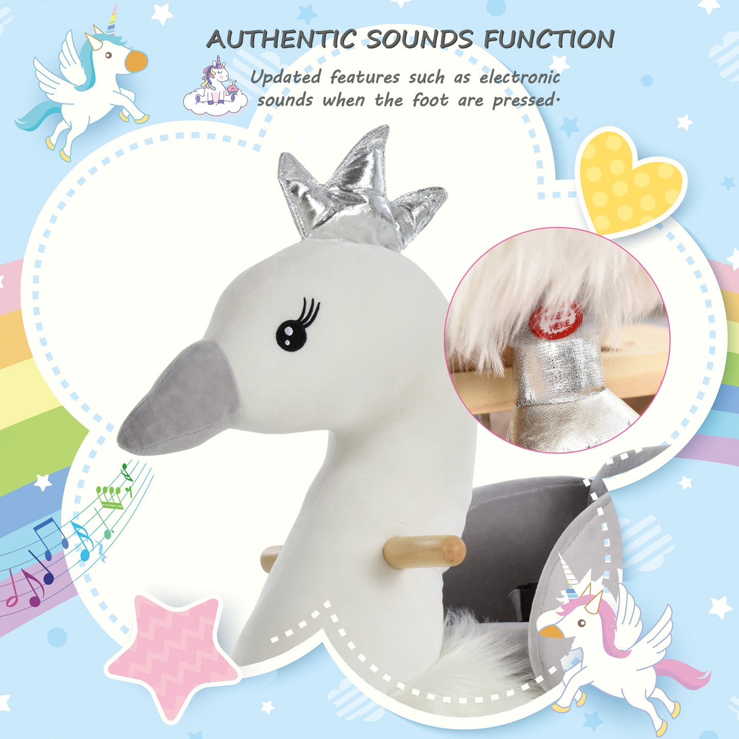 HOMCOM Toddlers Swan Plush Rocking Ride On w/ Sound White/Grey