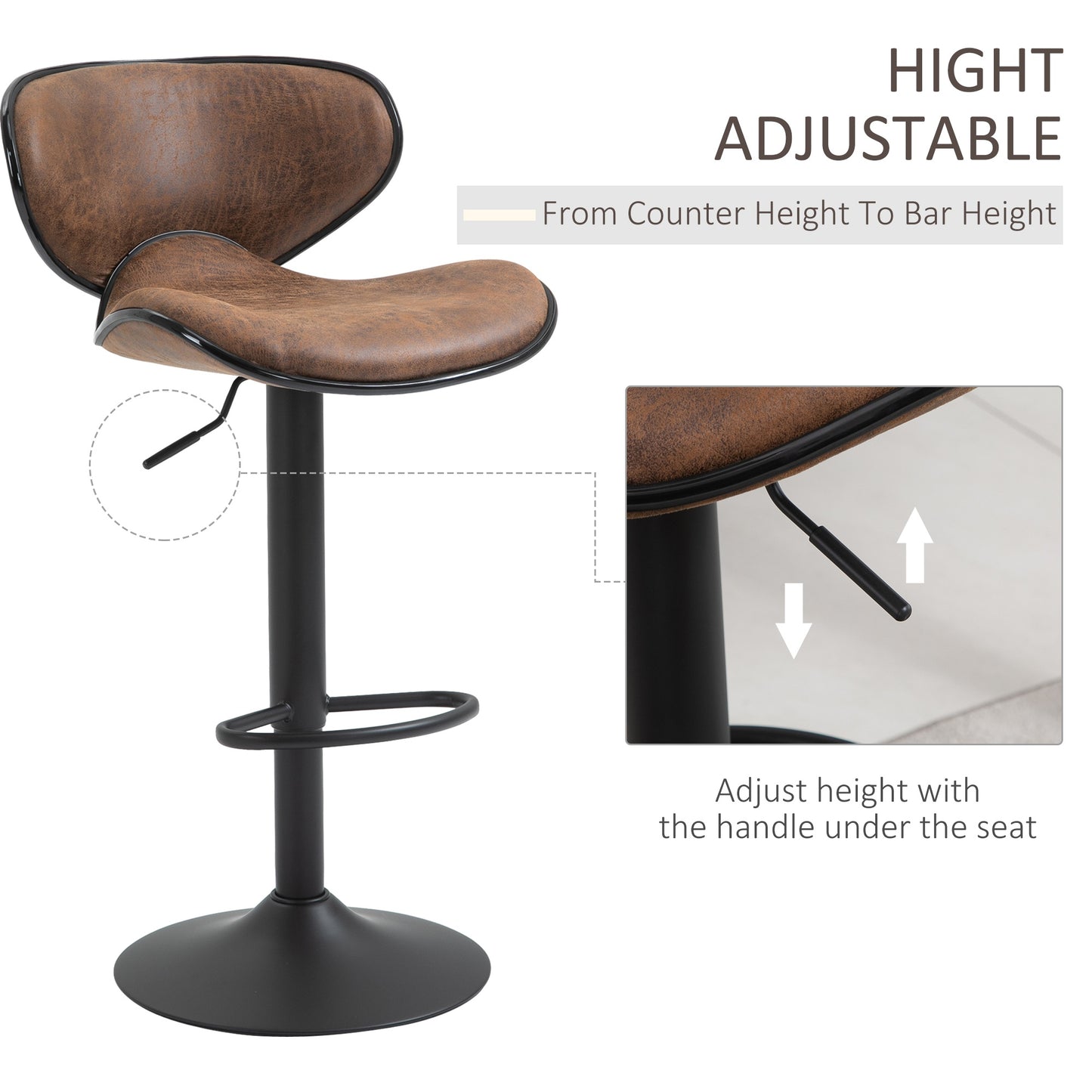 HOMCOM Vintage Bar Stool Set of 2 Faux Leather Adjustable Height Armless Chairs
