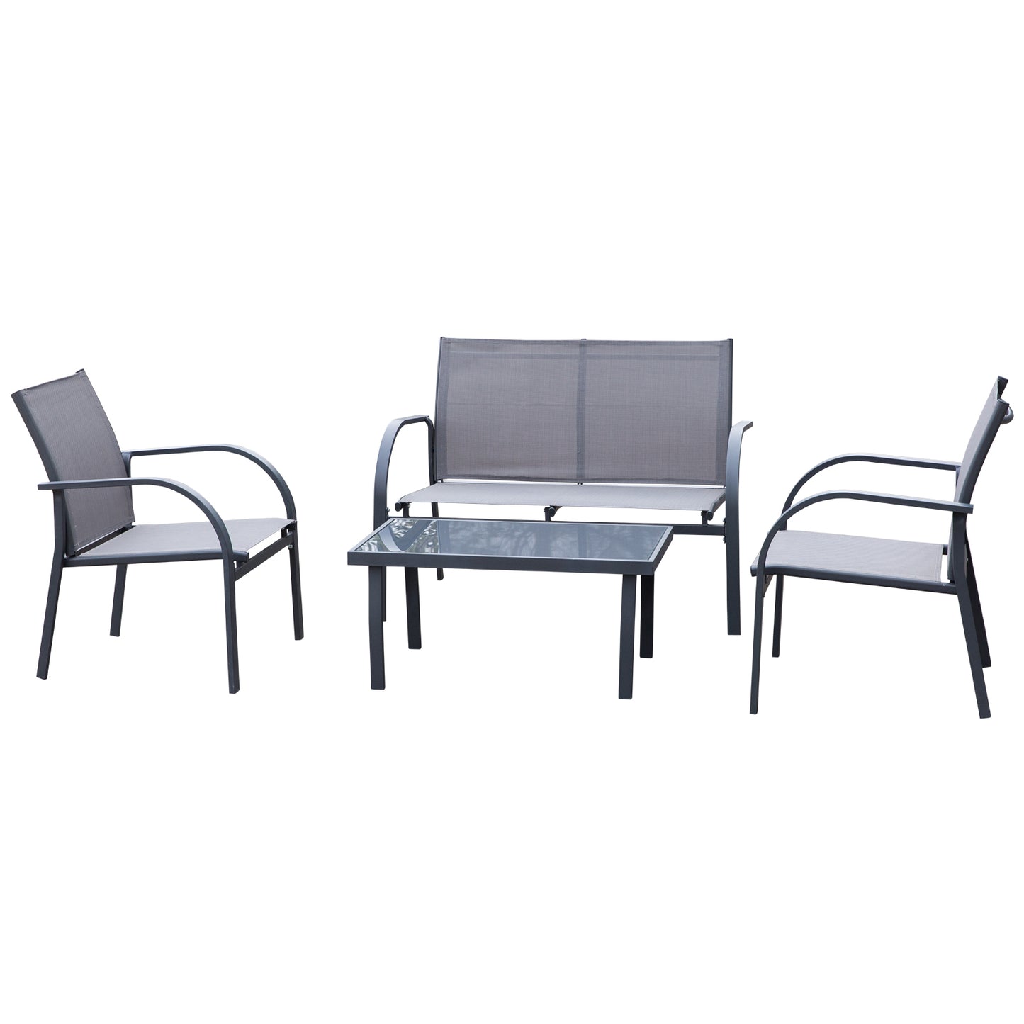 Outsunny 4 Pcs Curved Steel Outdoor Dining Set w/ Loveseat 2 Chairs Glass Top Table Grey