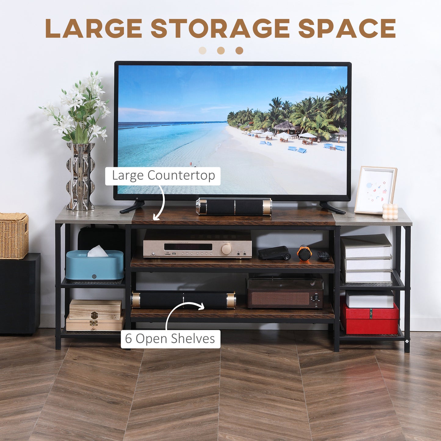 HOMCOM TV Unit Cabinet for TVs up to 65 Inches, Industrial TV Stand with Storage Shelves for Living Room, Brown and Grey