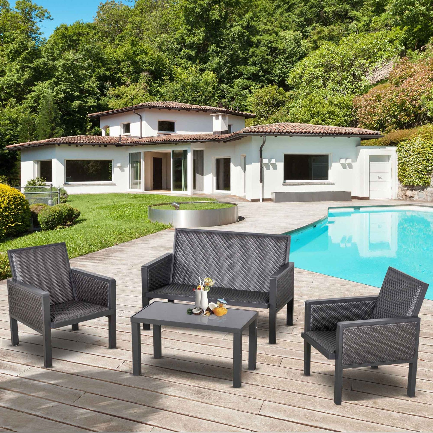 Outsunny 4 PCs Aluminum PE Rattan Sofa Set Outdoor Conservatory Furniture Coffee Table