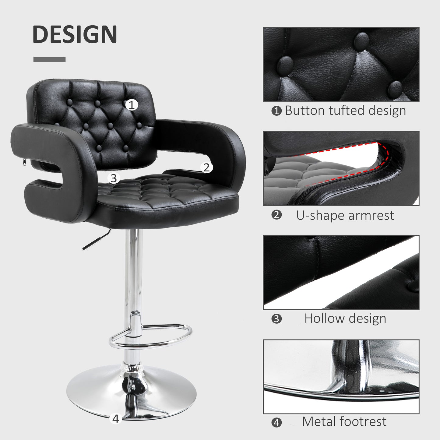 HOMCOM PU Leather Upholstered Swivel Bar Stool Height Adjustable Barstool with Back Armrest Footrest for Kitchen