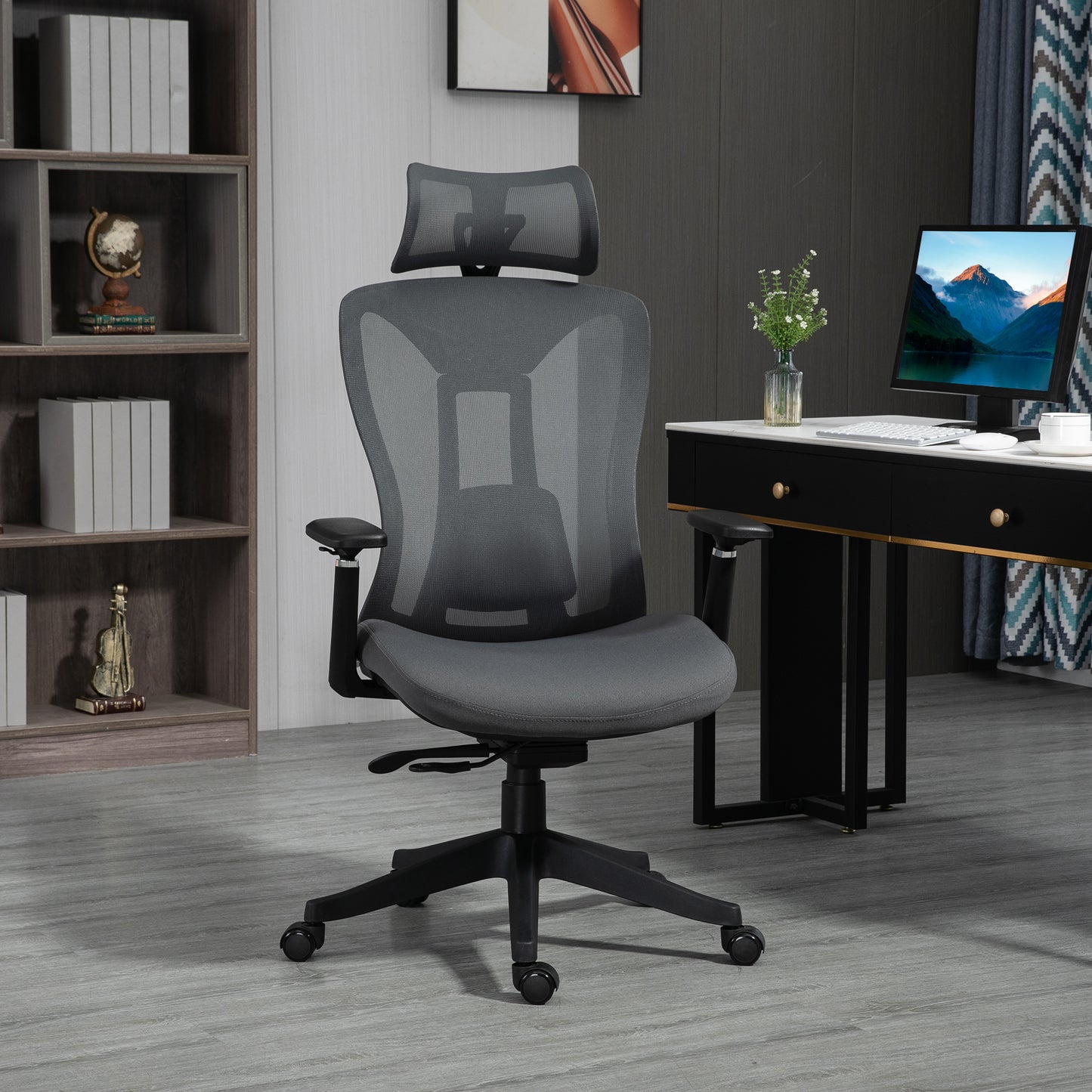 Vinsetto Mesh Office Chair Ergonomic Desk Chair Computer Chair with Adjustable Headrest and Lumbar Support 135° Reclining Back and 3D Armrest for Home Office Study Grey