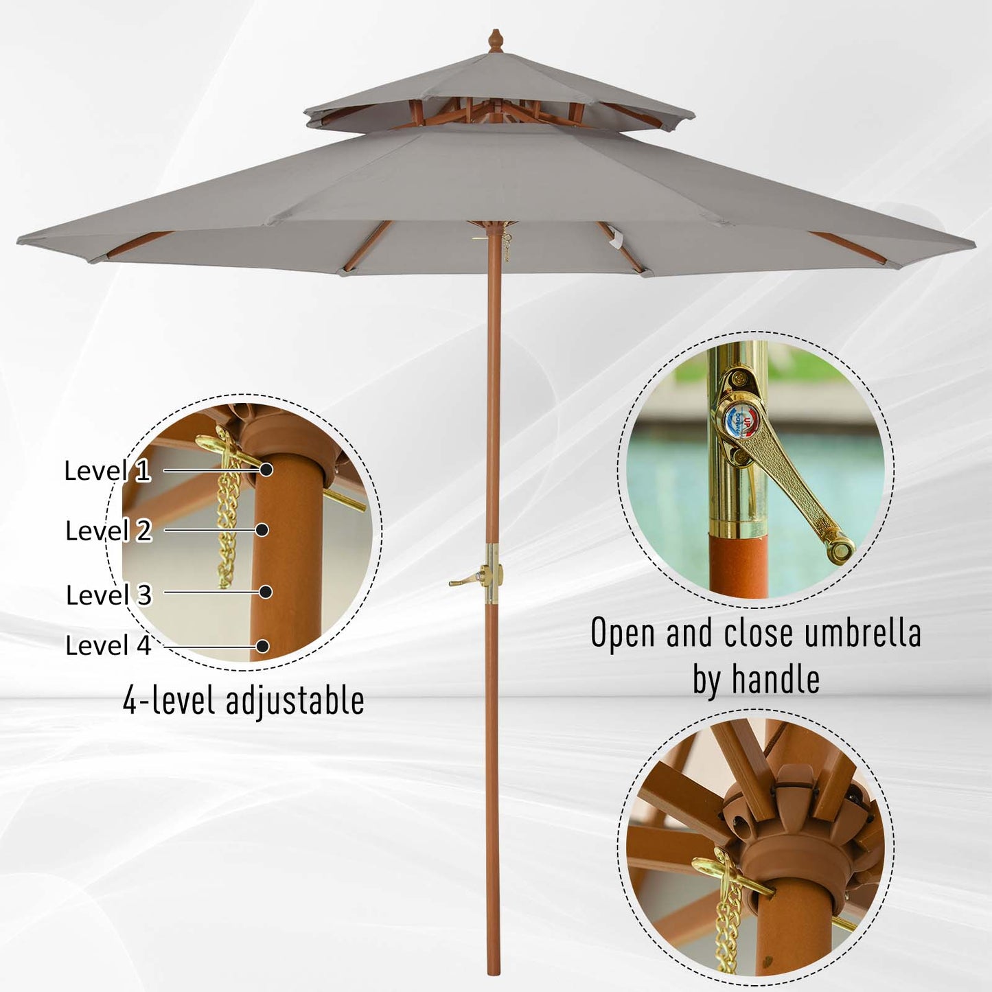 Outsunny 2.7 m Double Tier Outdoor Patio Garden Sun Umbrella Sunshade Wooden Parasol Grey Wood Shade Canopy