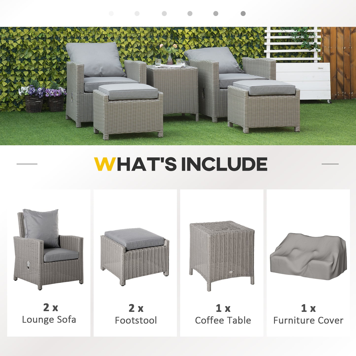 Outsunny 5 PCs Outdoor Rattan Lounge Footstool Cooler Bar Coffee Table Conversation Set