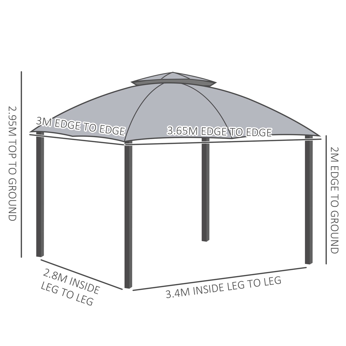Outsunny 3.7 x 3(m) Metal Gazebo Canopy Party Tent Garden Patio Shelter with Netting Sidewalls & Double Tiered Roof, Grey