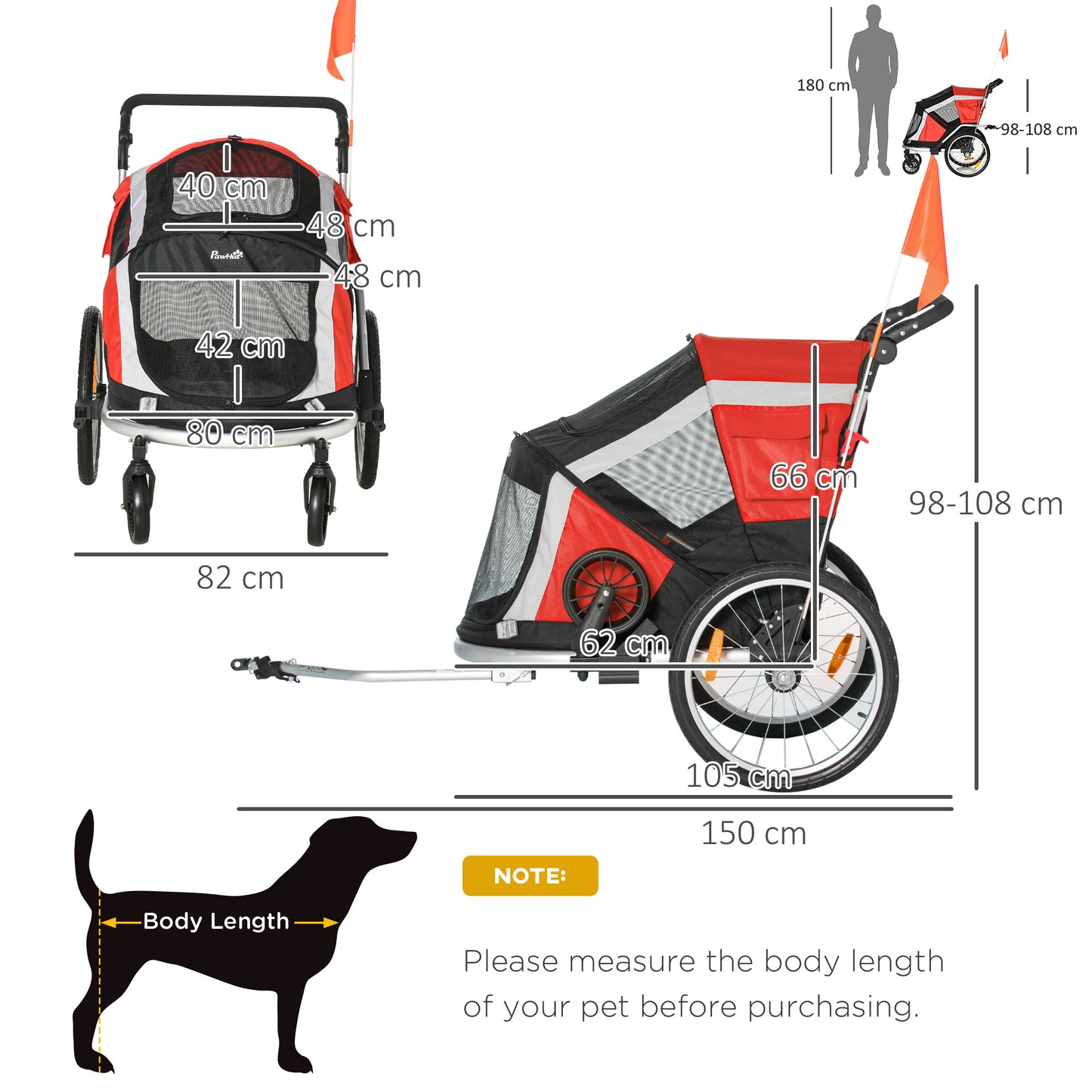 PawHut Dog Bike Trailer, 2-in-1 Foldable Pet Bike Trailer with Safety Tether, Flag for Small Cats, Puppies, Camping, Hiking, Red w/ Reflectors Puppy