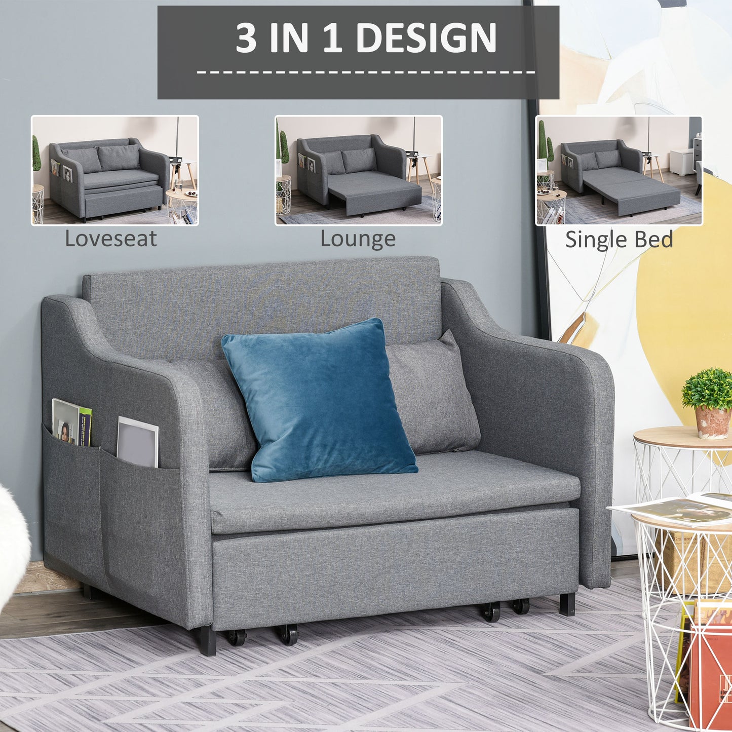 HOMCOM 2 Seater Sofa Bed, Pull Out Sofa Bed with Pillows and Side Pockets, Convertible Sleeper Couch for Living Room, Grey