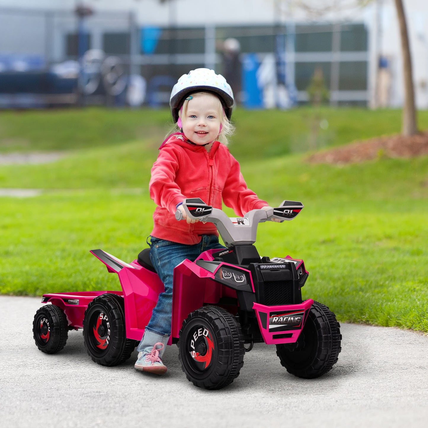 HOMCOM 6V Quad Bike with Back Trailer, Wear-Resistant Wheels for Ages 18-36 Months, Pink