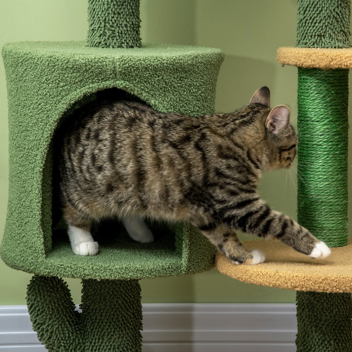 PawHut Cactus Cat Tree, 90cm Cat Climbing Tower, kitten Activity Centre with Teddy Fleece House, Green