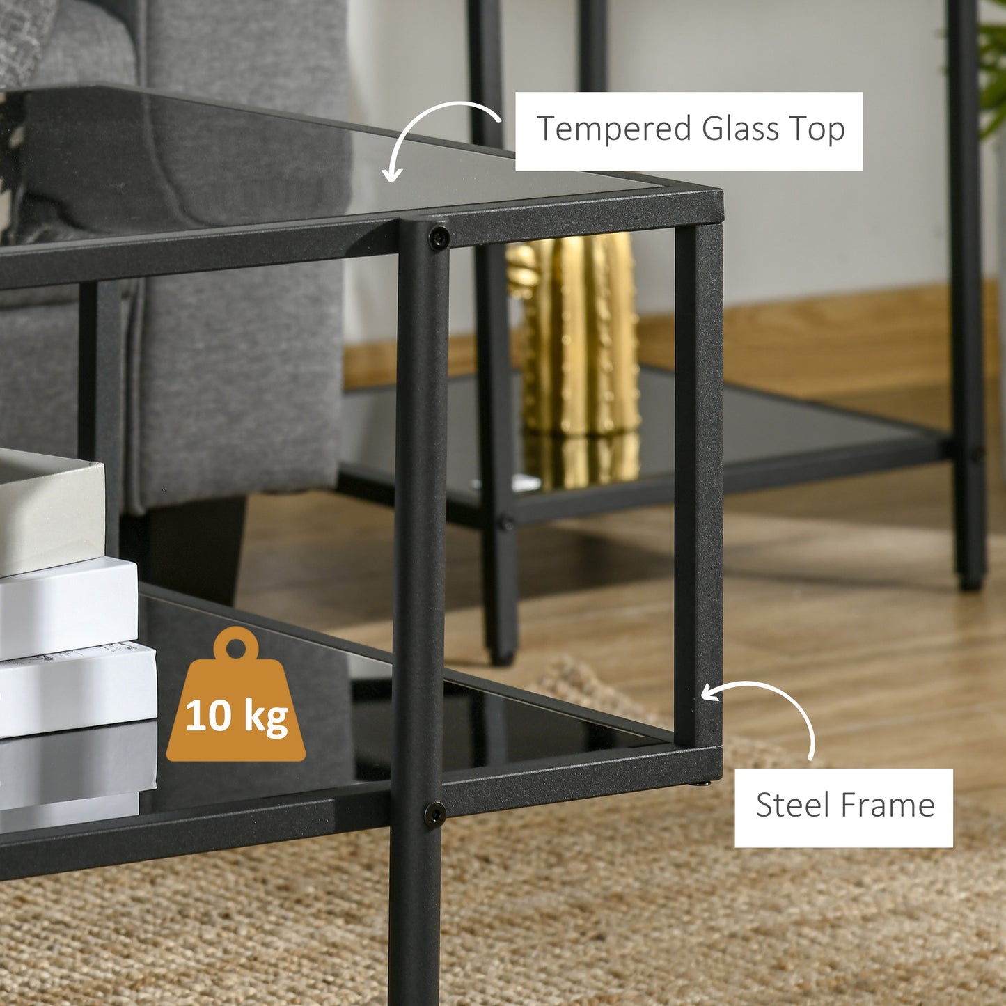 HOMCOM Modern Coffee Table with Tempered Glass Top, Cocktail Table with 2-Tier Storage and Steel Frame for Living Room, Black