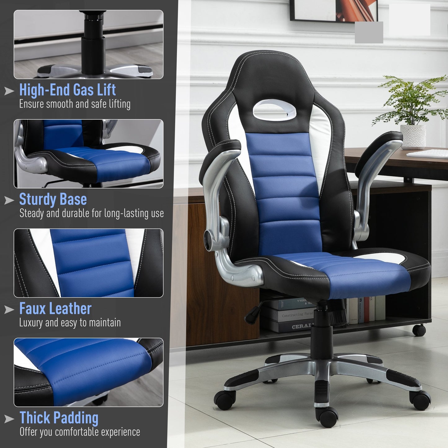 HOMCOM PU Leather Racing Office Chair-Black/Blue/White