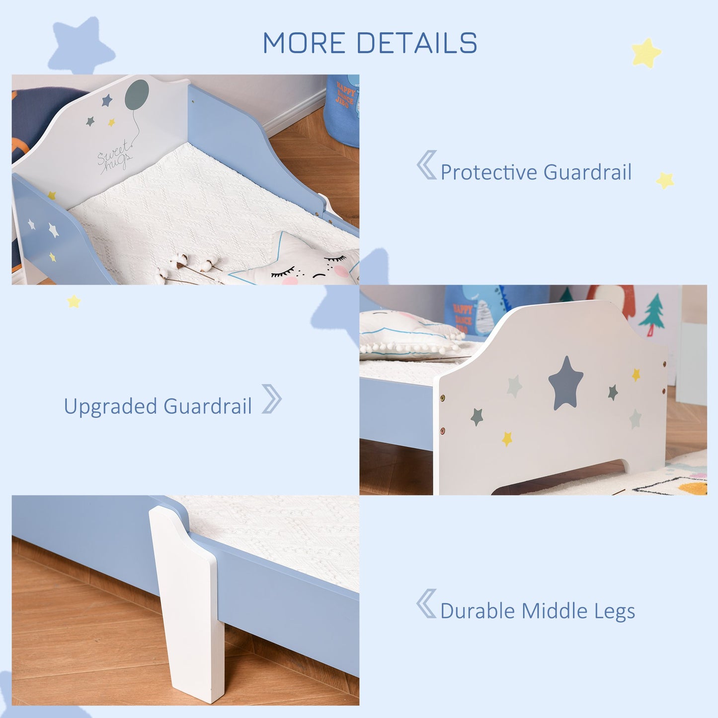 HOMCOM Kids Toddler Wooden Bed Round Edged with Guardrails Stars Image 143 x 74 x 59cm