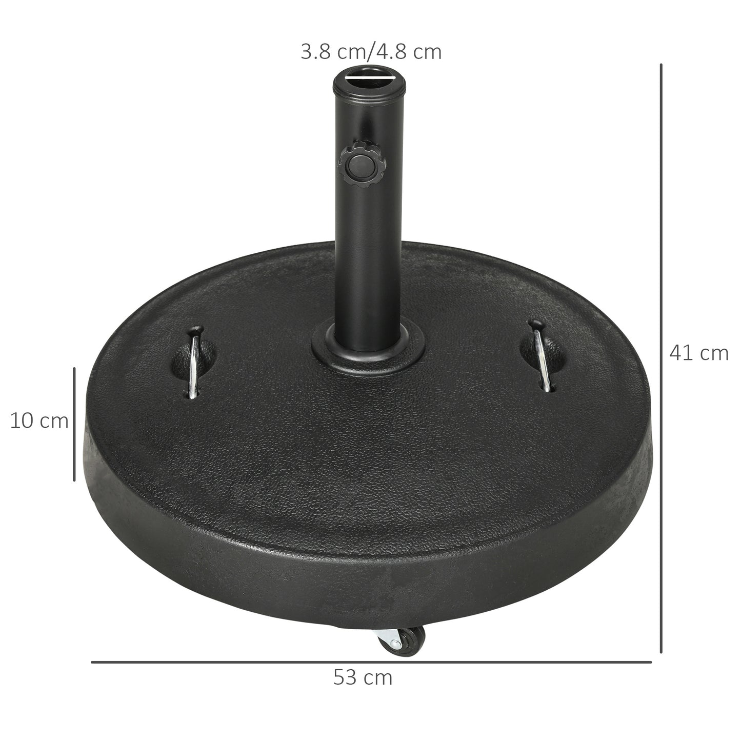 Outsunny 23.5kg Resin Garden Parasol Base with Wheels and Retractable Handles, Round Outdoor Market Umbrella Stand Weight for Poles of Ø38mm to Ø48mm, Black
