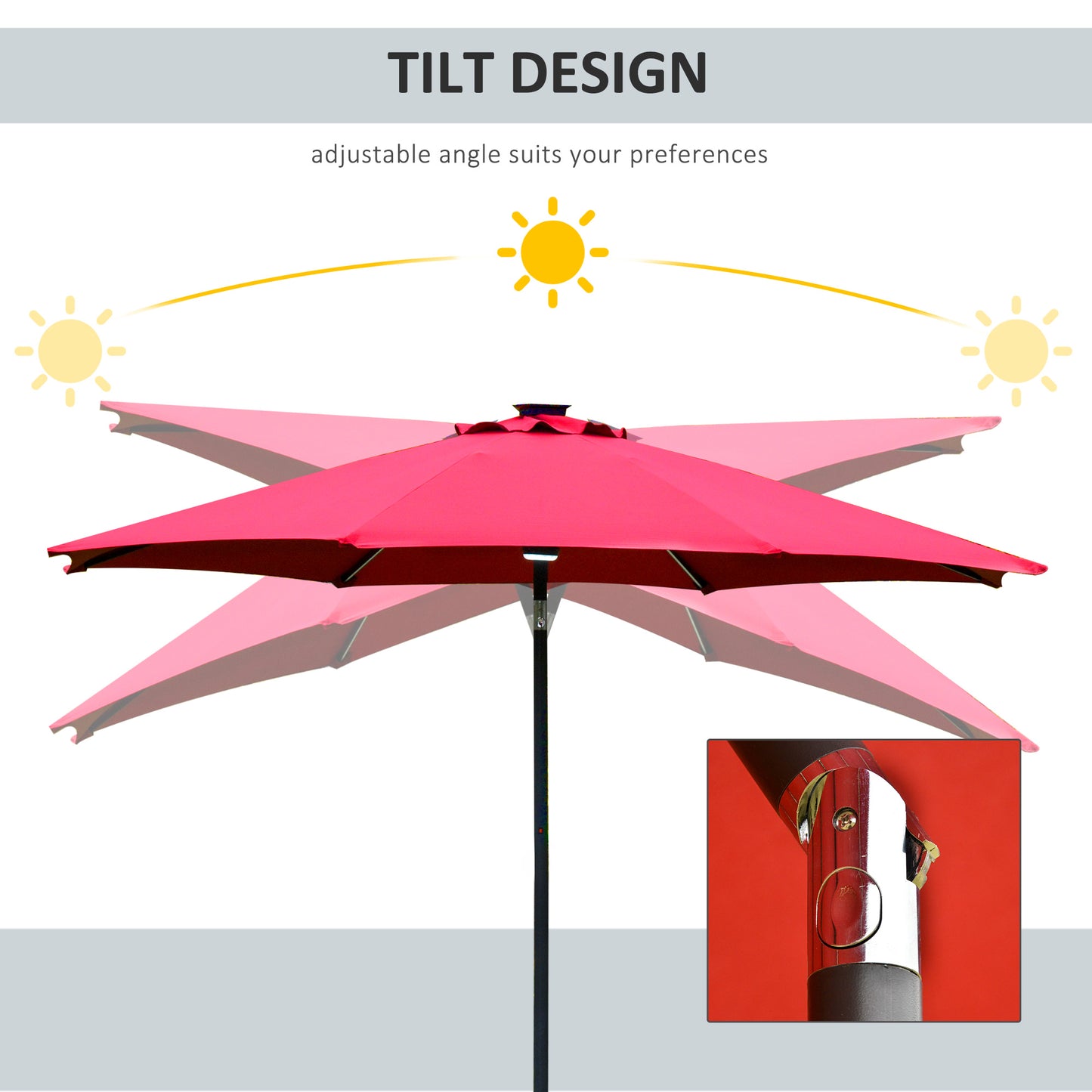 Outsunny 2.7m Garden Parasol Sun Umbrella Patio Summer Shelter w/ LED Solar Light, Angled Canopy, Vent, Crank Tilt, Red Light Canopy
