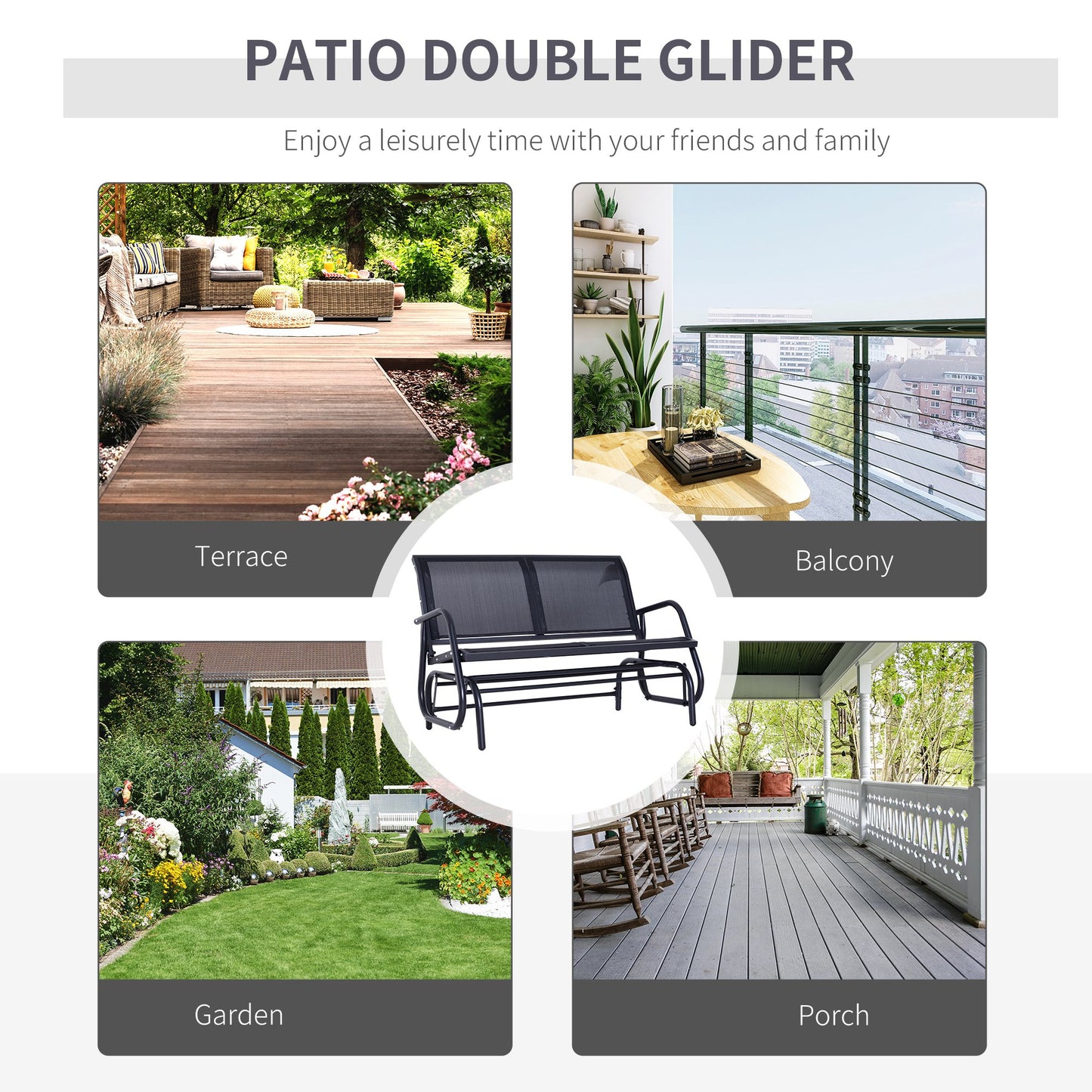 Outsunny Swing Chair Outdoor Textilene Swing Bench Double Seat-Black