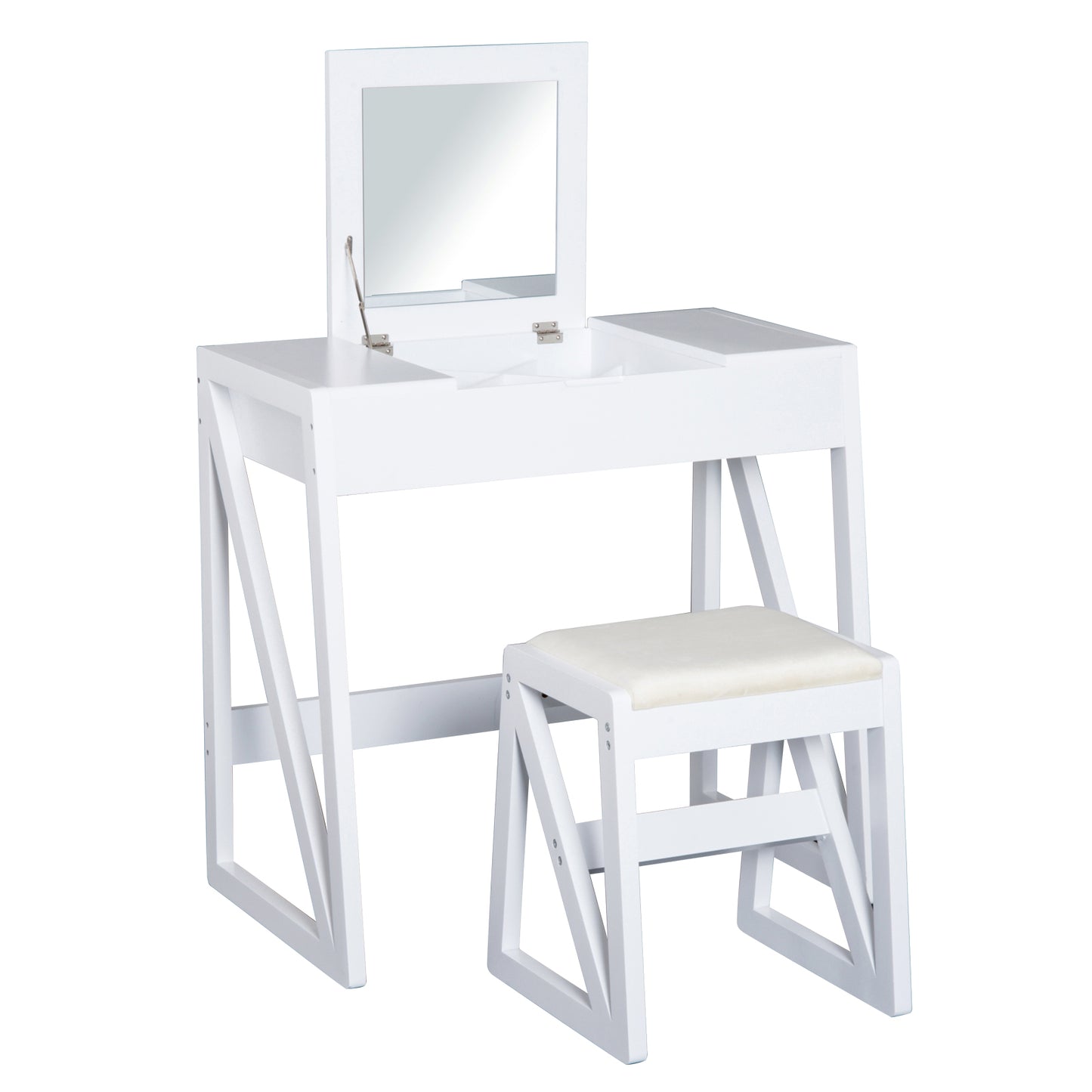 HOMCOM Dressing Table with Cushioned Stool and Flip-up Mirror-White