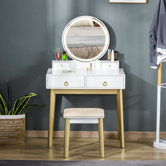 HOMCOM Vanity Table Set with Mirror & Light, Dressing Desk w/ Drawers Stool White