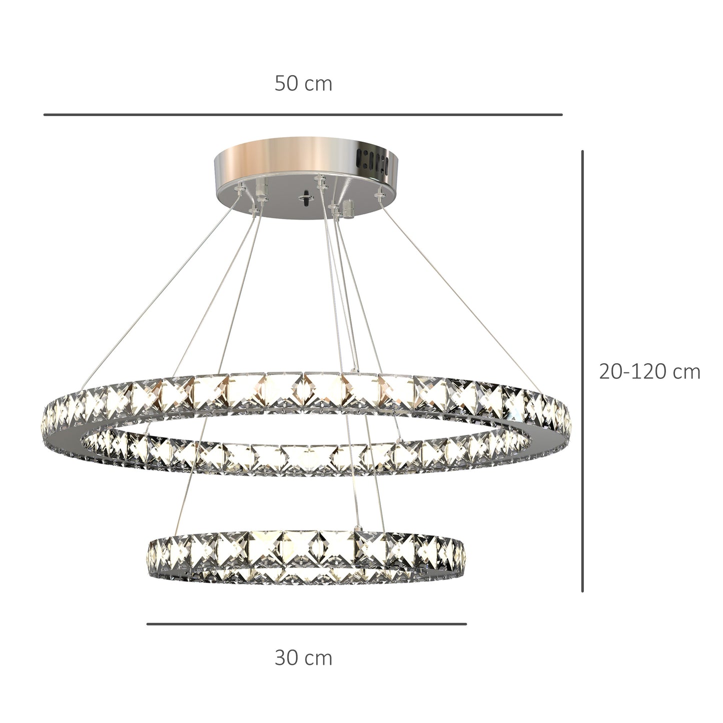 HOMCOM LED Chandelier 2 Crystal Rings Cool Warm White Lighting Home Style Silver