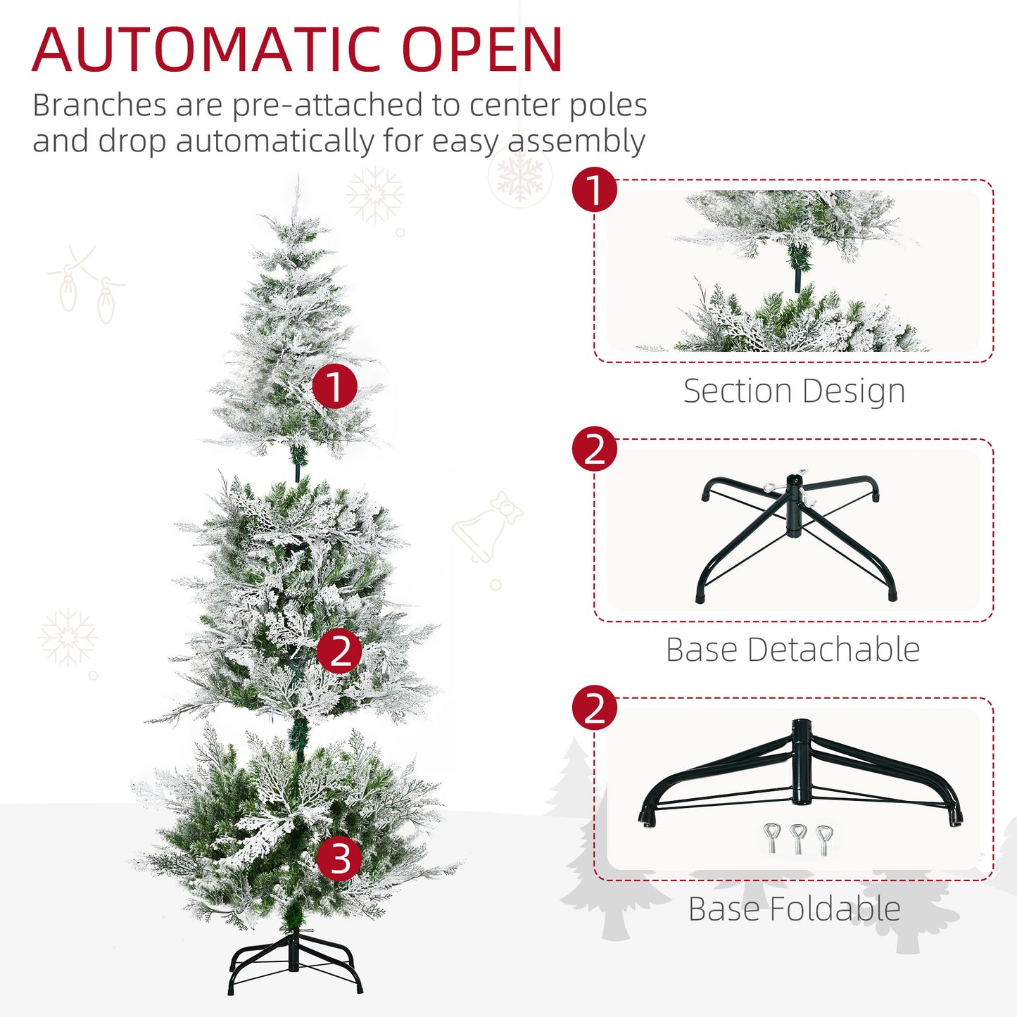 HOMCOM Pencil Snow Flocked Artificial Christmas Tree with Realistic Cypress Branches, Auto Open, Green