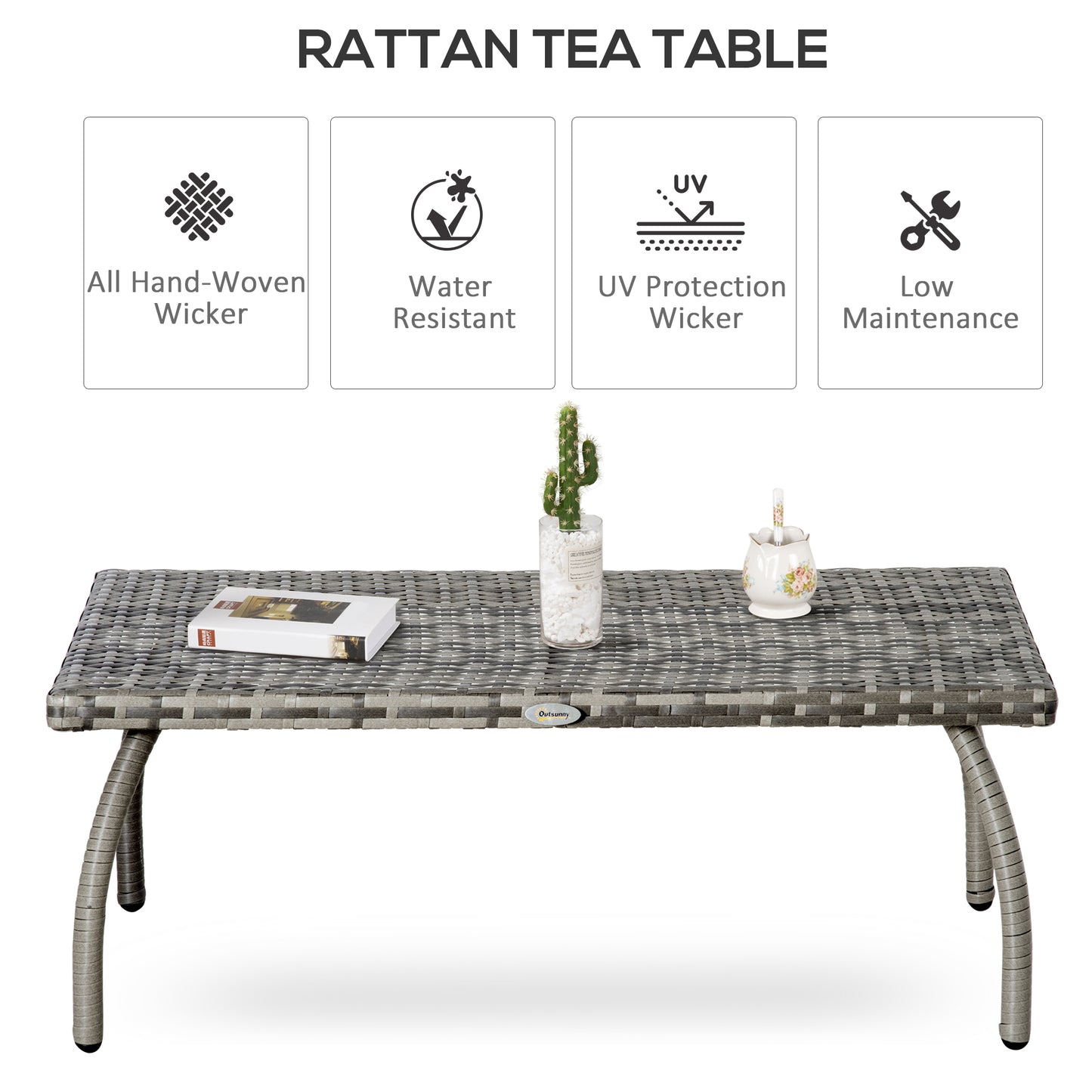 Outsunny 90 cm Rattan Wicker Side Table, End Coffee Table with All-Weather Material for Outdoor, Garden, Balcony, Backyard, Grey