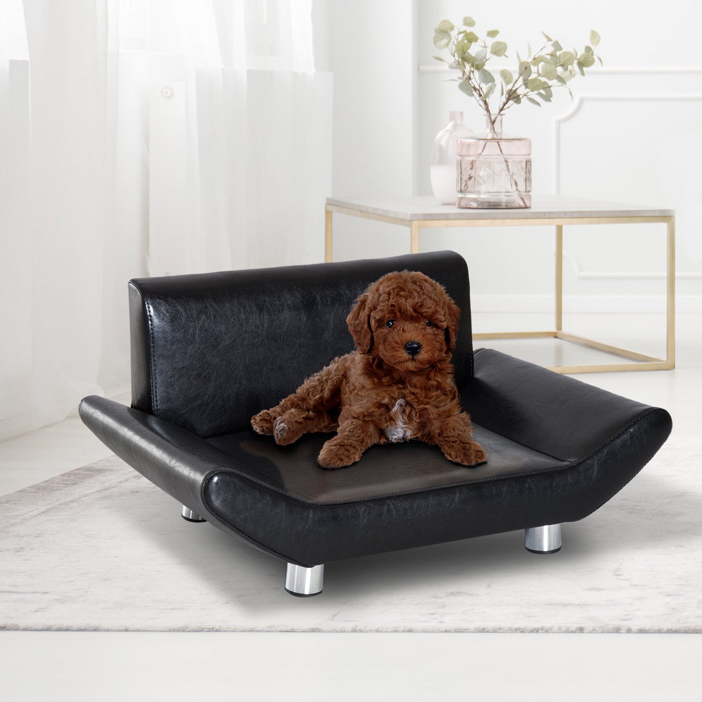 PawHut Pet Sofa Couch Bed, PU Leather, Wooden Frame-Black
