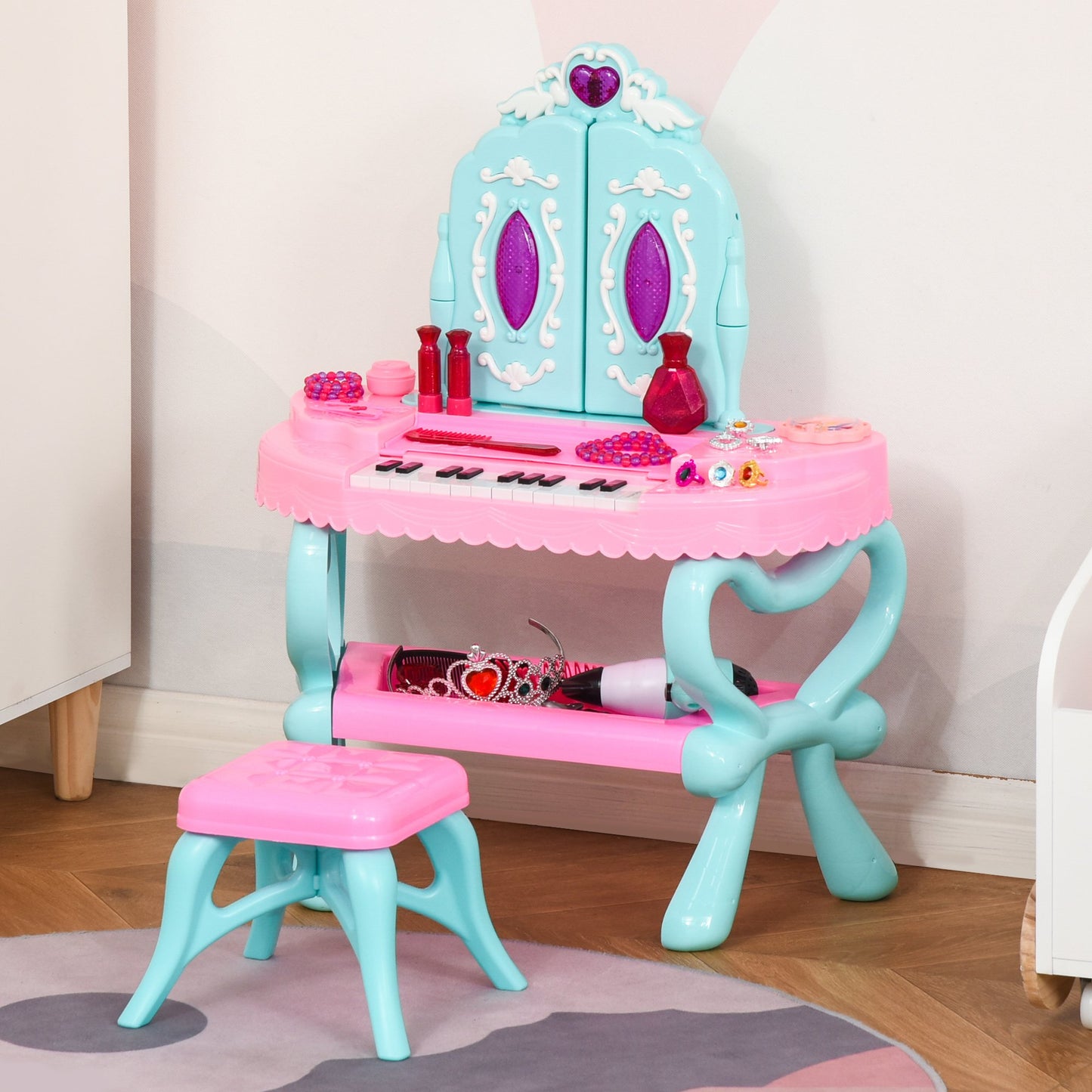 HOMCOM 2 In 1 Musical Piano Kids Dressing Table Set w/ Light, for 3-6 Years Old