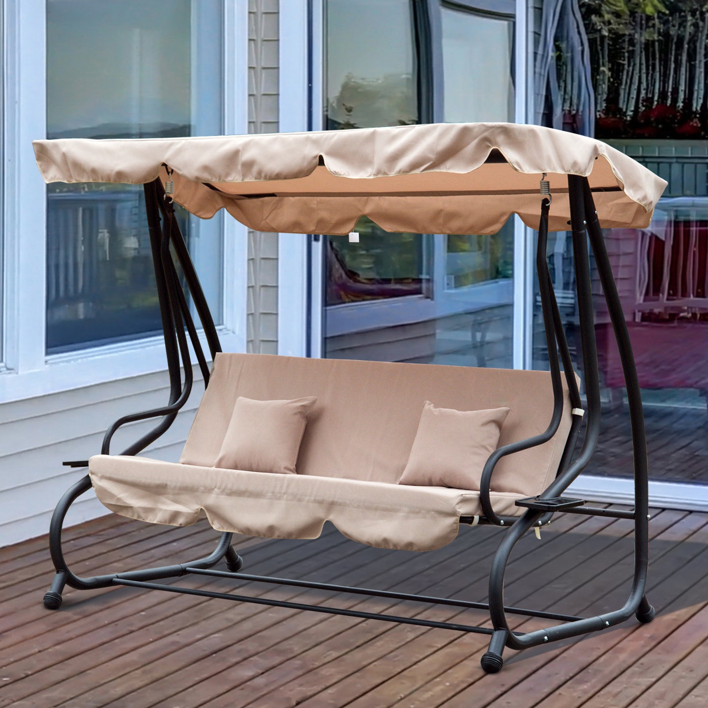 Outsunny Water Resistant Fabric 3-Seater Swing Chair w/ Cup Holder Beige