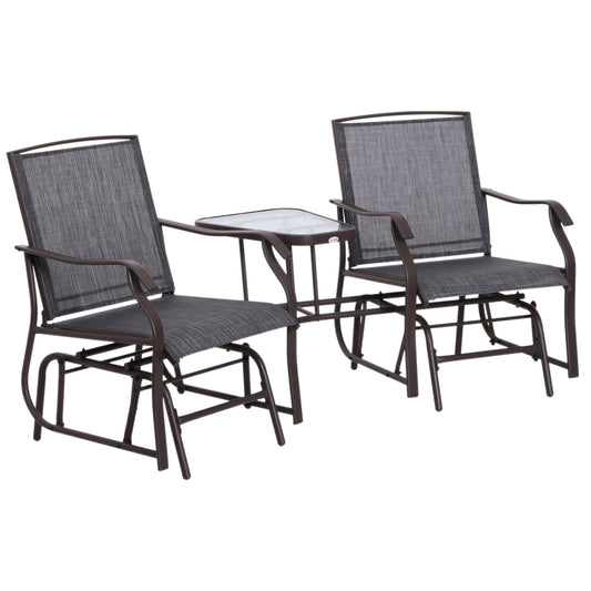 Outsunny 3 Pcs Rocking Chair With Tea Table Set, Steel Frame, Textilene-Brown/Grey