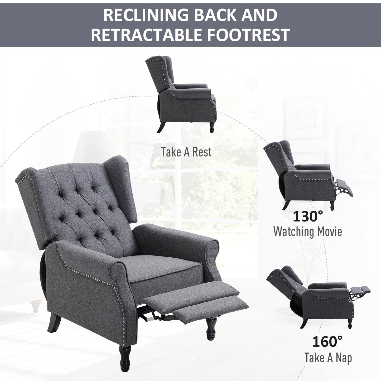 HOMCOM Reclining Wingback Armchair, with Footrest - Dark Grey