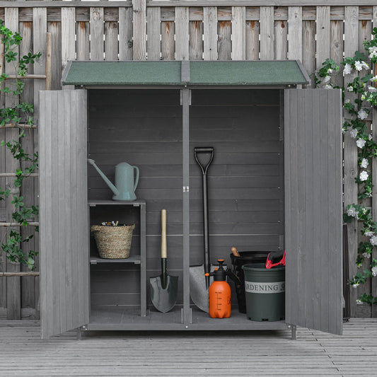 Outsunny Garden Wood Storage Shed w/ Storage Table, Asphalt Roof, Double Door, Grey