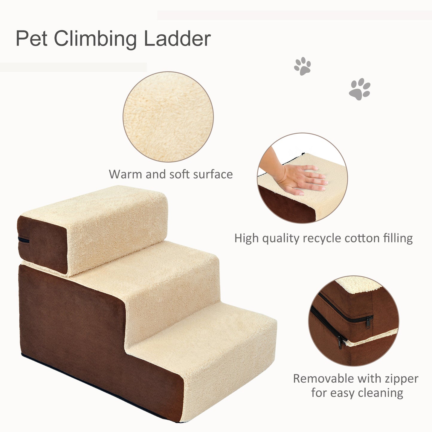 PawHut Domestic Pets Deluxe Sponge 3-Step Dog Steps Staircase w/Soft Pad Beige