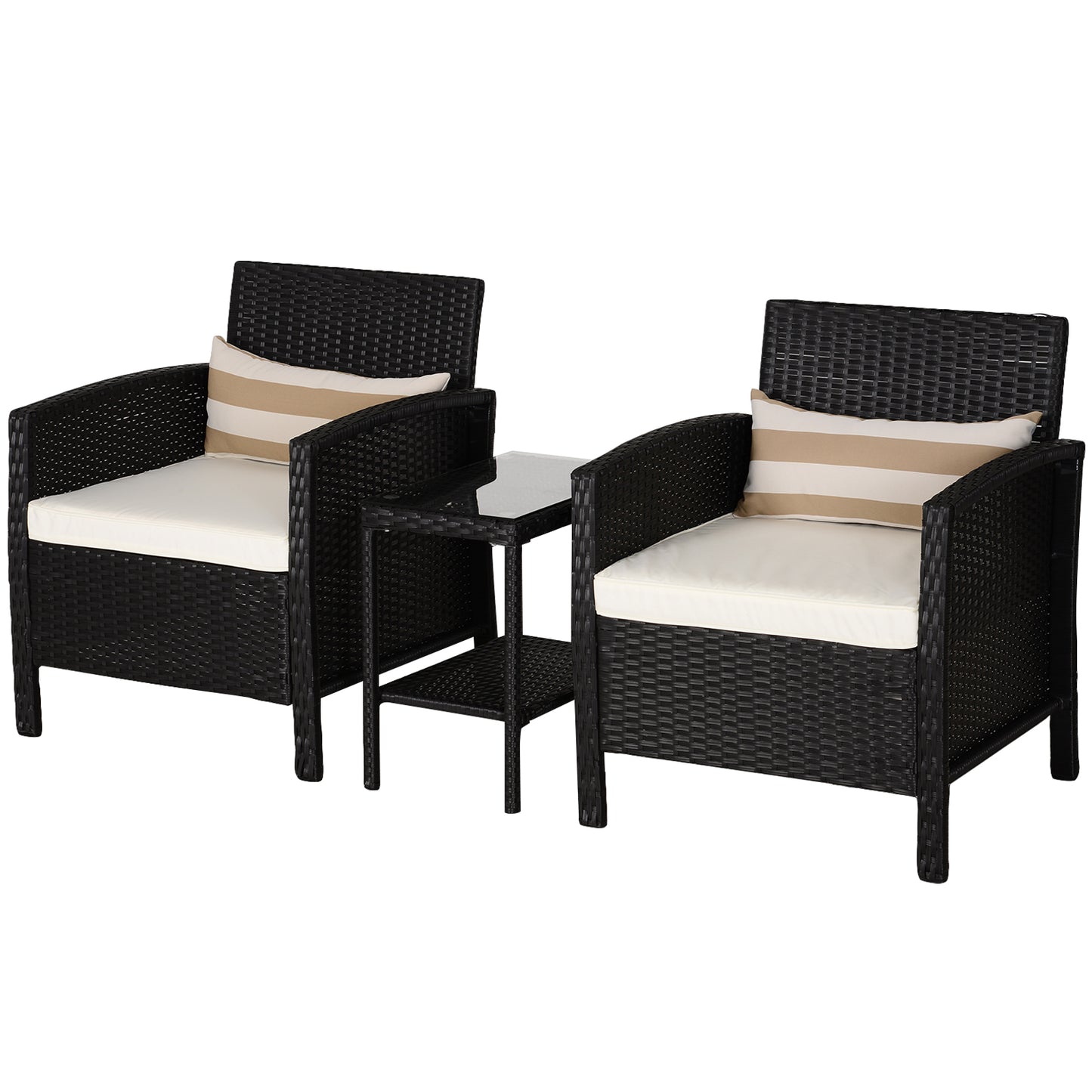 Outsunny 2-Seater PE Rattan Side Table & Armchair Bistro Set w/ Pillows Black