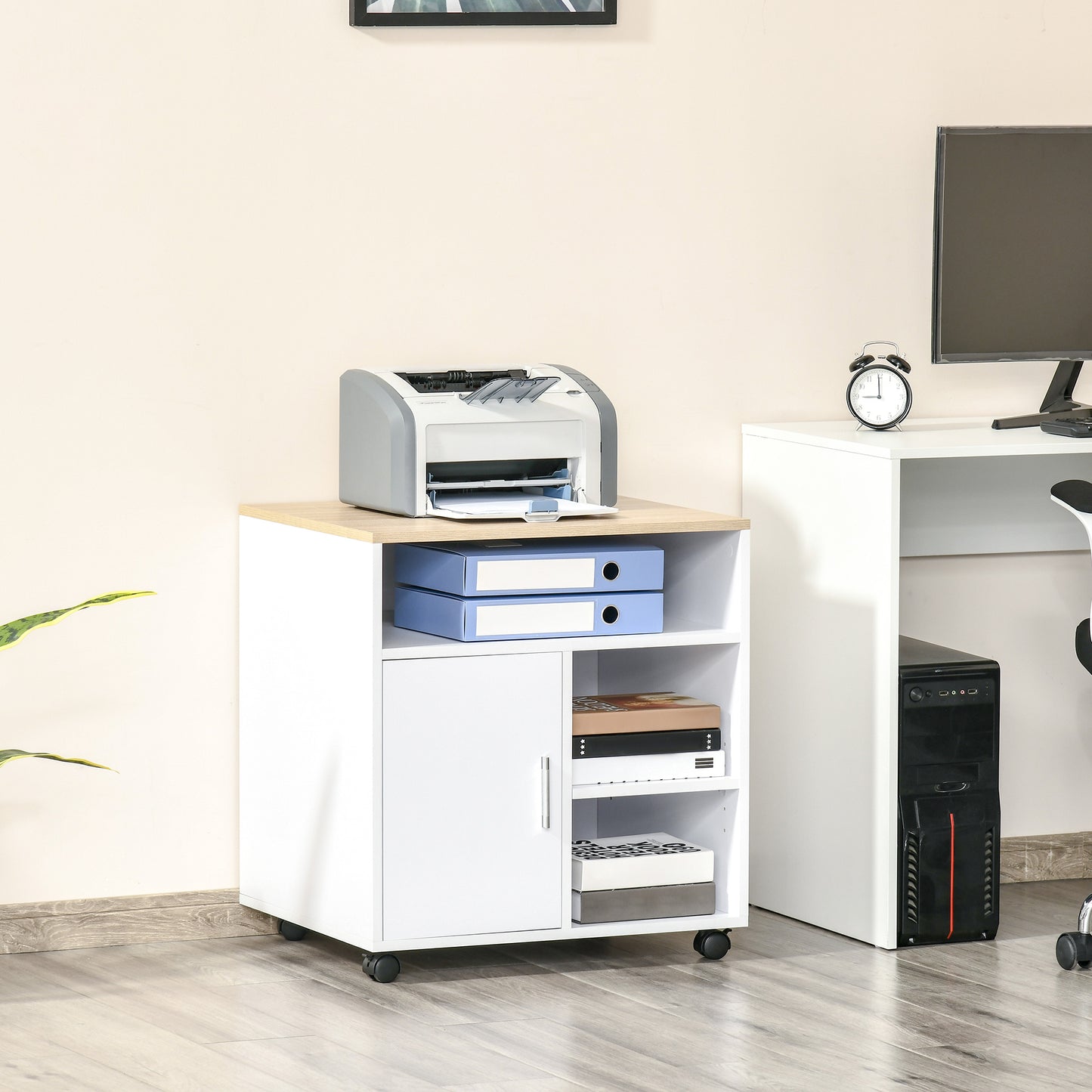 HOMCOM Multi-Storage Printer Unit Office Organisation w/ 5 Compartments Wheels White