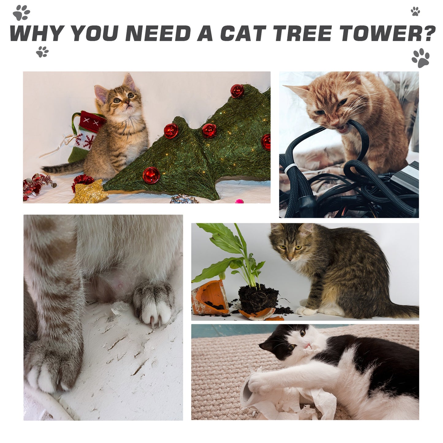 Pawhut 60L x 45W x 240-260H cm Cat Tree Kitten Condo Fun House Adjustable Grey & White