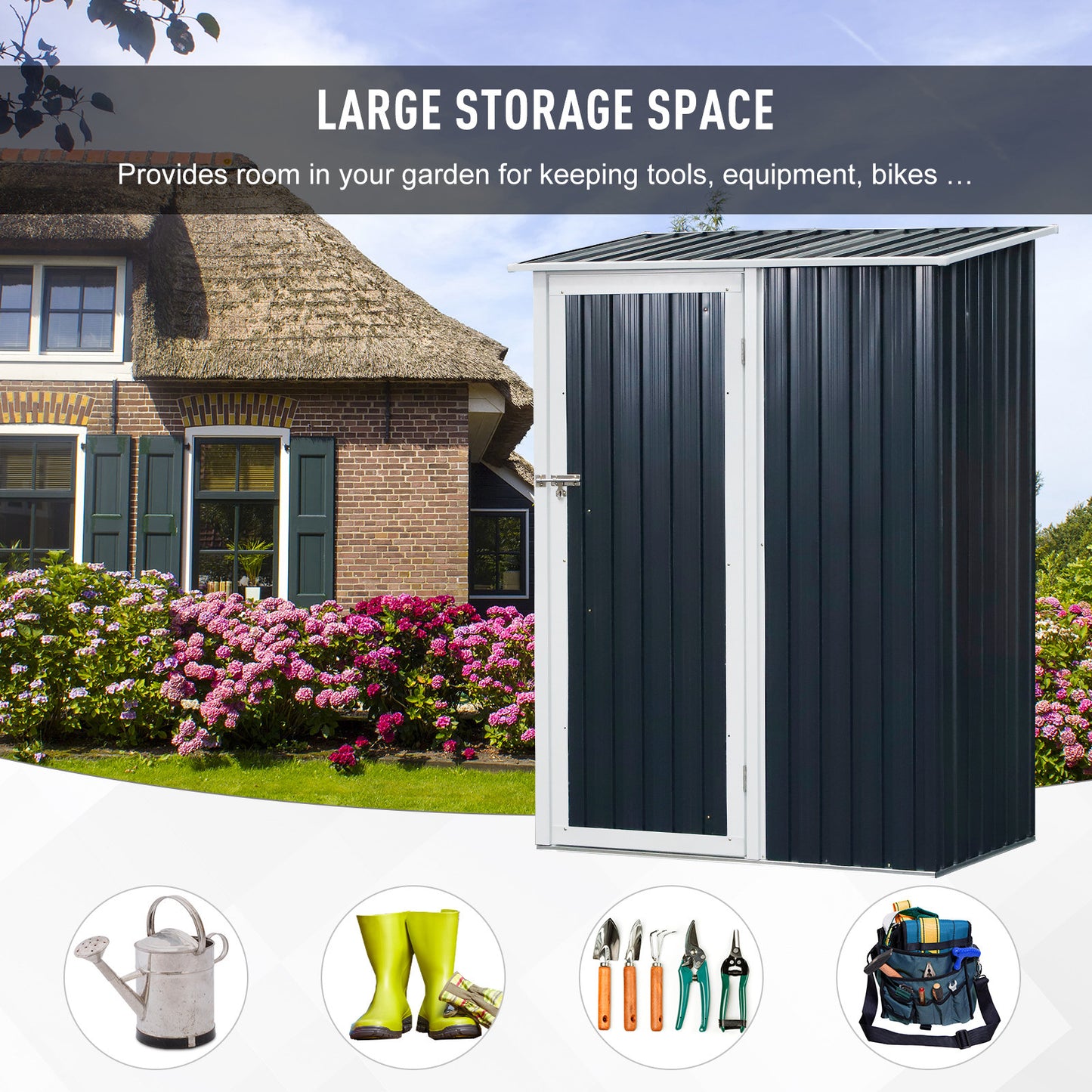 Outsunny Corrugated Steel Single Door Storage Garden Shed Outdoor Equipment Tool Sloped Roof - Grey