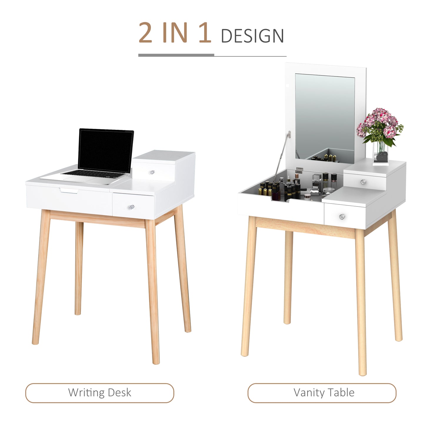 HOMCOM 2 in 1 Dressing Table with Flip-up Mirror, MDF, Pine-White