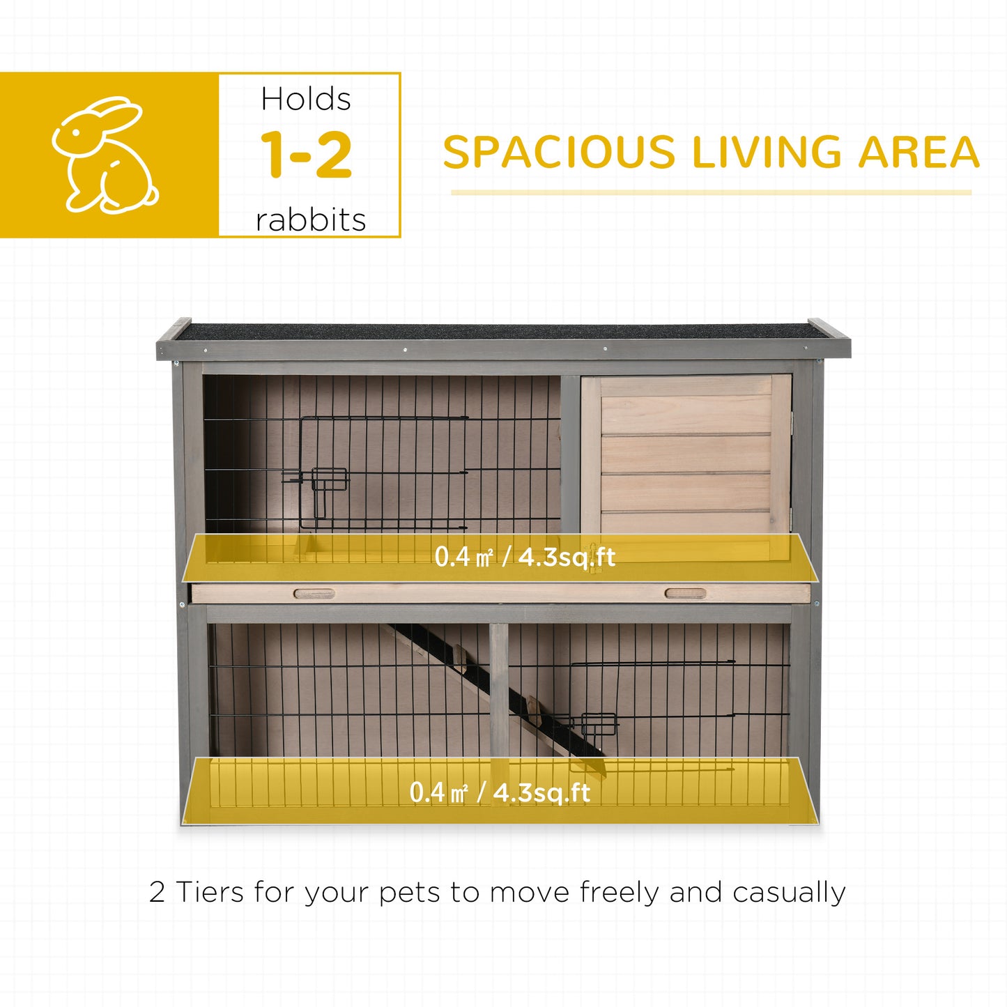 PawHut Rabbit Hutch Bunny Cage Small Animal House with Sliding Tray, Run, Openable Top, Ramp, for Indoor Outdoor, Grey 108x45x78 cm